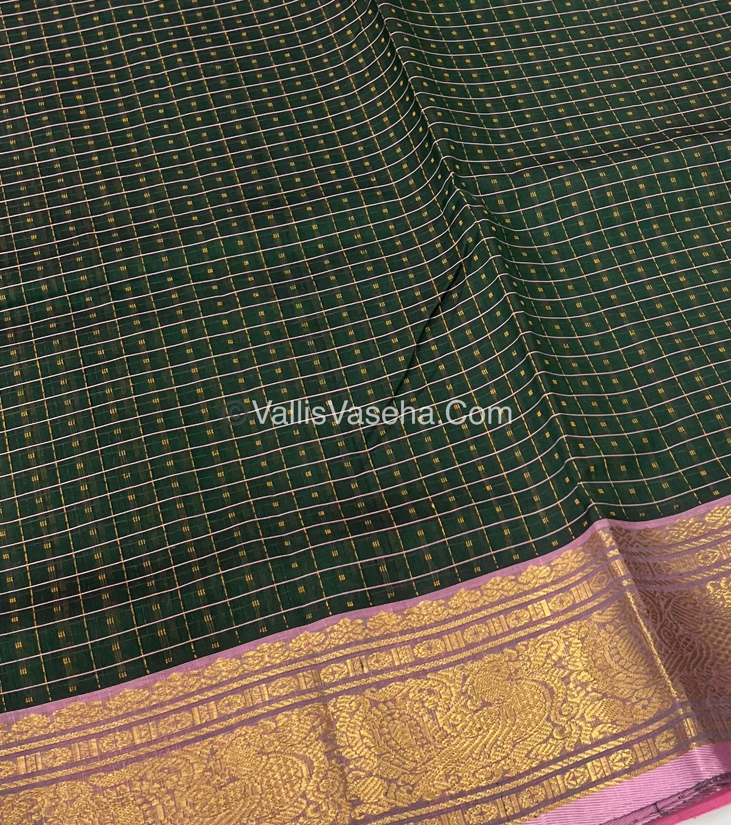 Pure Silk Cotton Saree - Dark Green With Peach Shade - Lakshadeepam Design - VVPLD001