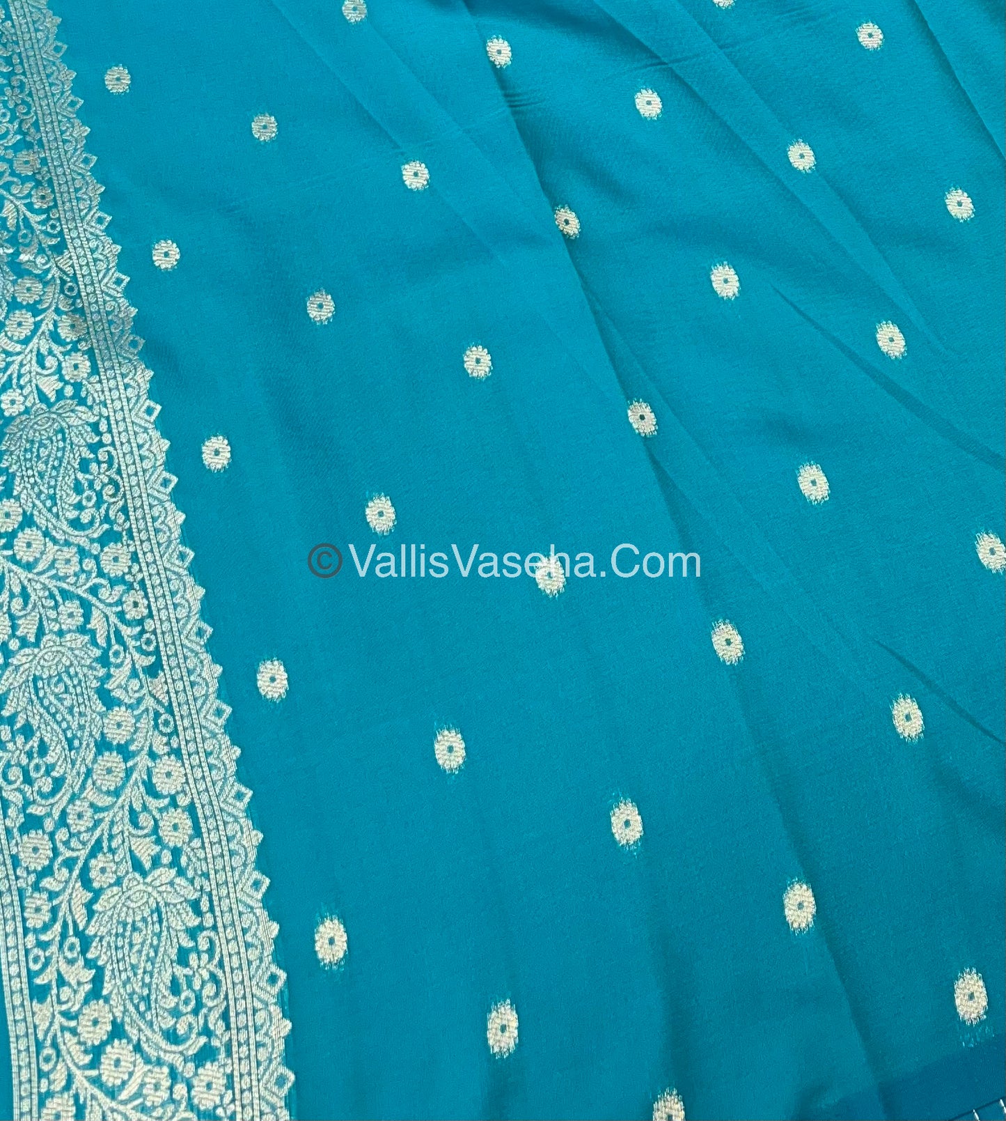 Semi Soft Silk - Tree With Double Birds Butta Border - Ramar Blue Shade -VVSSS011