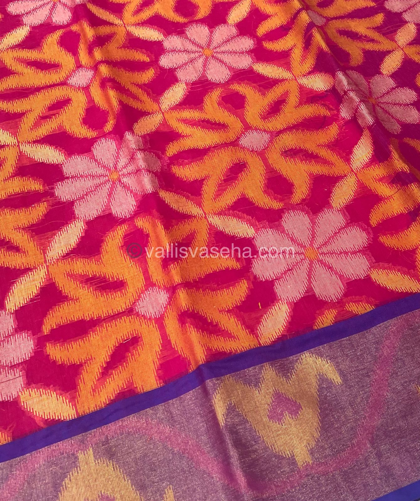 Banarasi Pochampally Weaving Semi Soft Cotton Saree - Pink with Blue - VVBPS001