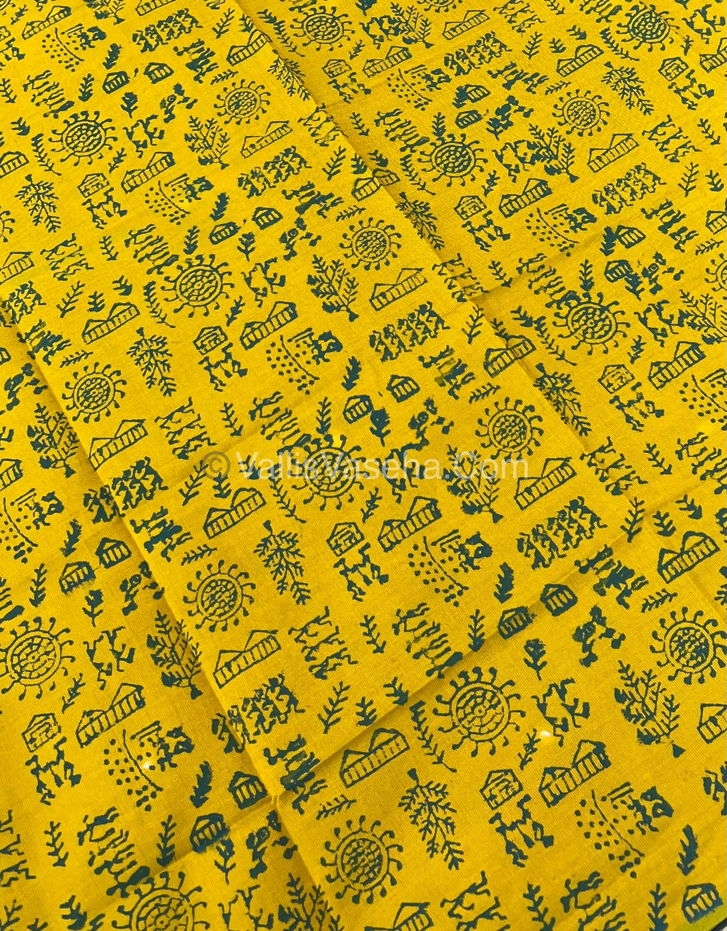 South Mixed Cotton - Mirror Work Embroidery - Green With Yellow - VVPCM002