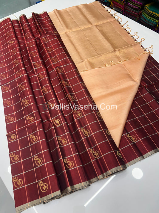 Merun with Creamish Light Peach Combo - Pure Soft Silk Saree - VVPSS010