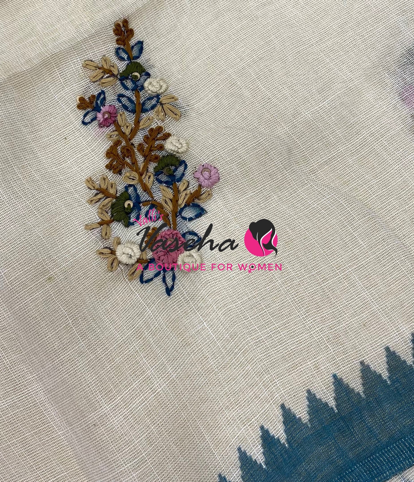 French Knot - Tissue Saree - Cream With Blue Shade - VVLFN022