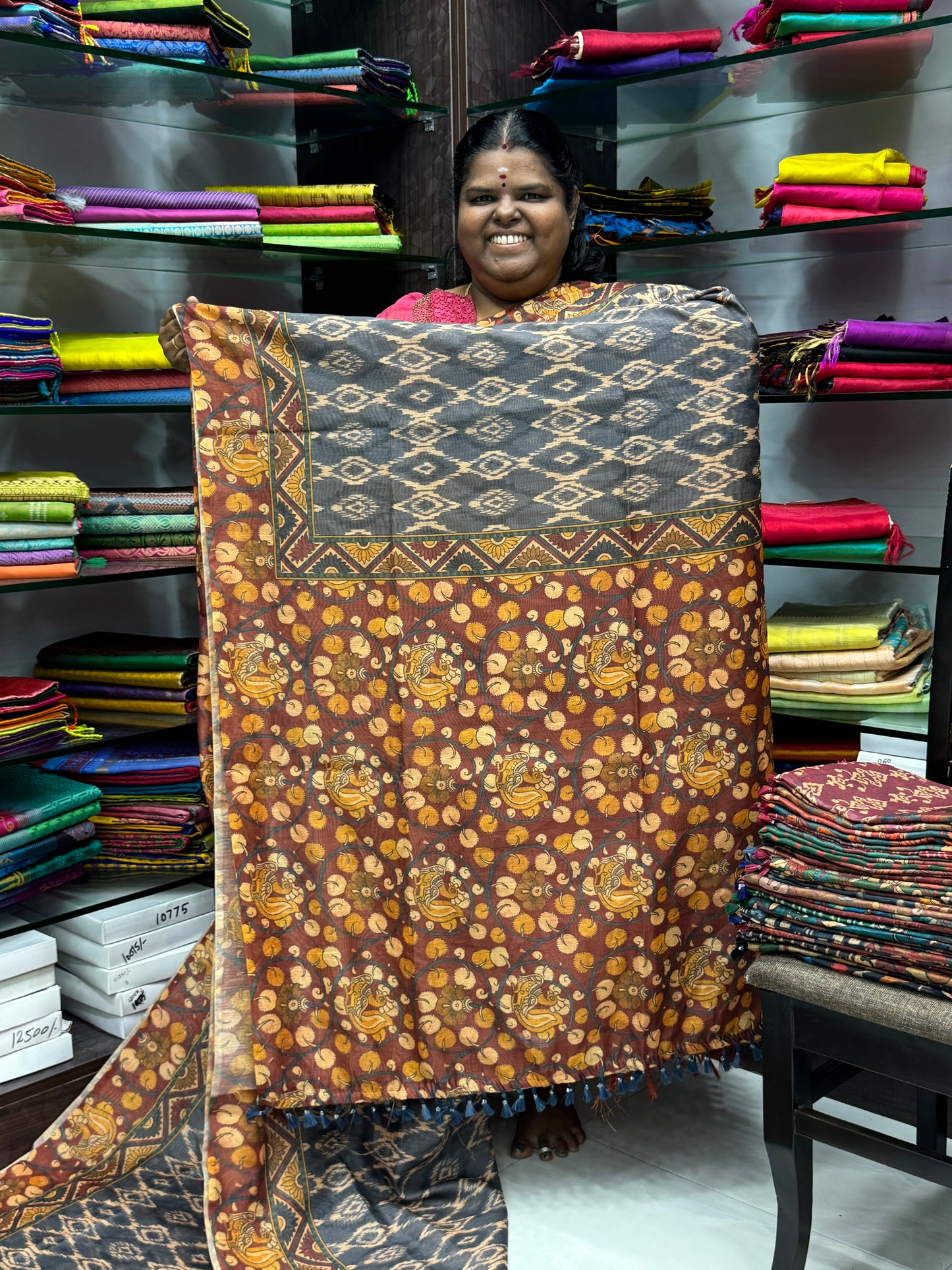 Chanderi Mixed Cotton Saree - Ikkat & kalamkari design - VVCC002