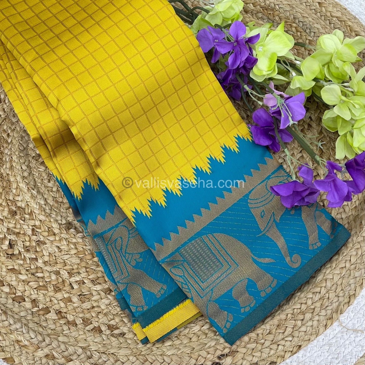 Semi Silk Saree - Kanchi Silk Style - Elephant Border - Yellow with Blue - VVSSS005