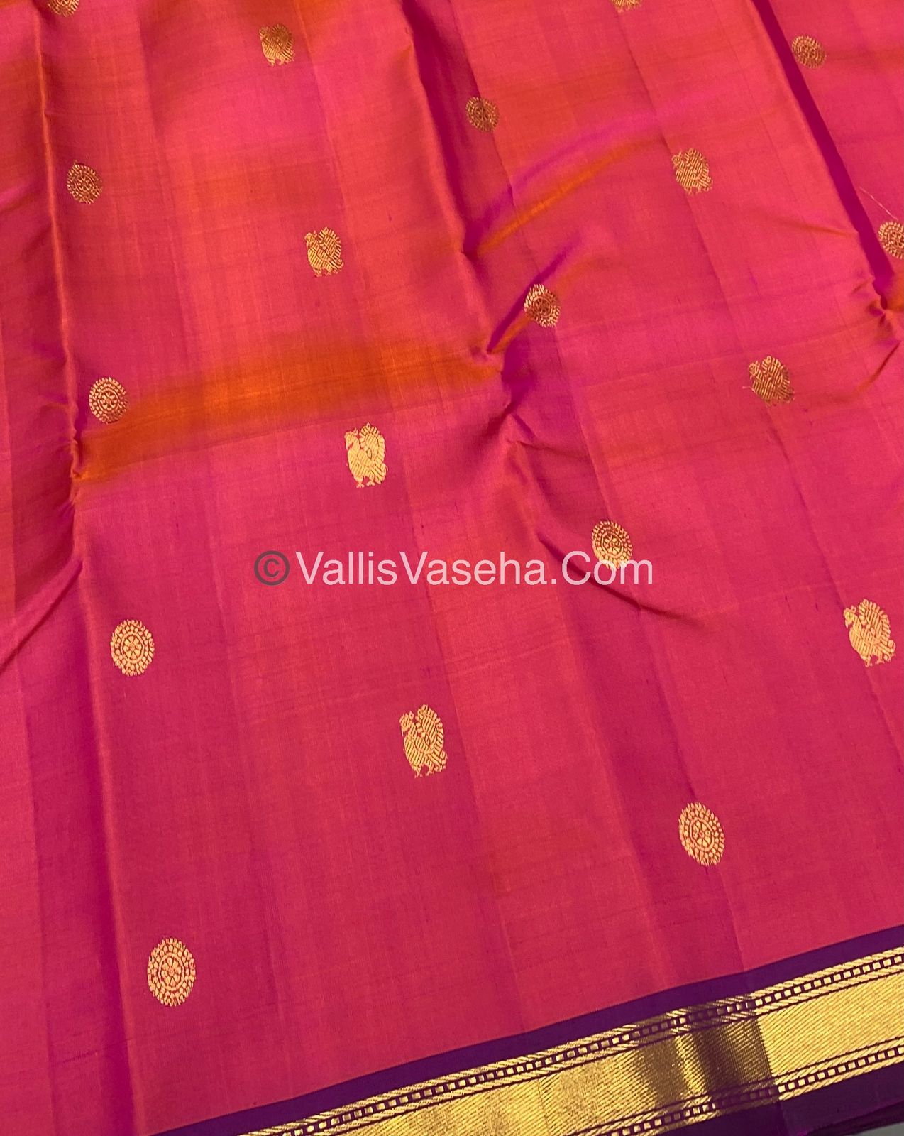 Pure Kanchipuram Silk Saree - Peachish Pink with Purple Combo - VVPS010