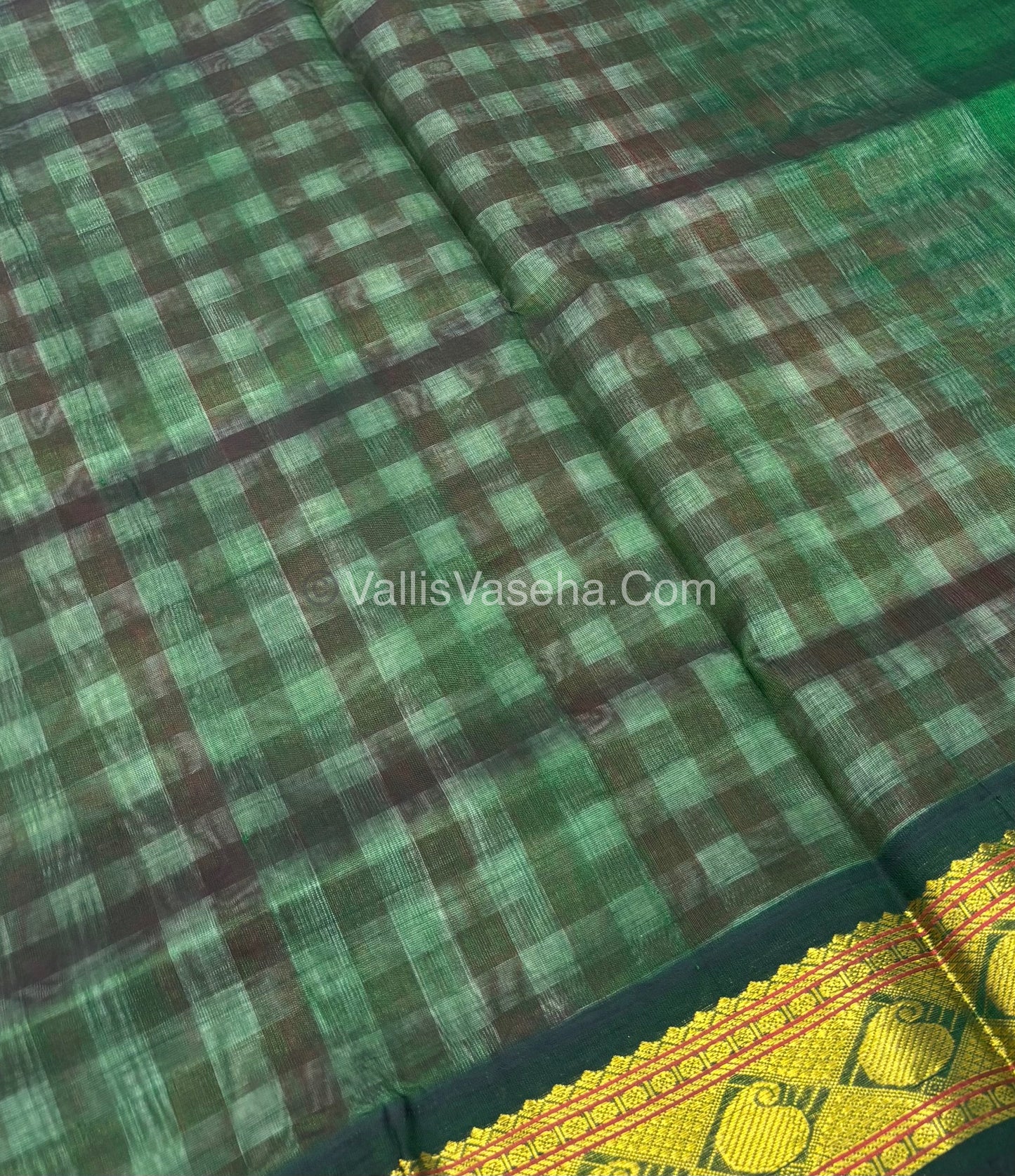 Pure Korvai Silk Cotton With Retta Petta Border - White & Red kattam pattern with Green - VVKSC003