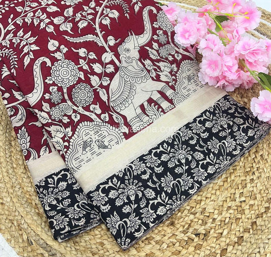 Kalamkari Fancy Cotton - Semi Silk Mixed - Merun with Black - VVKFC001