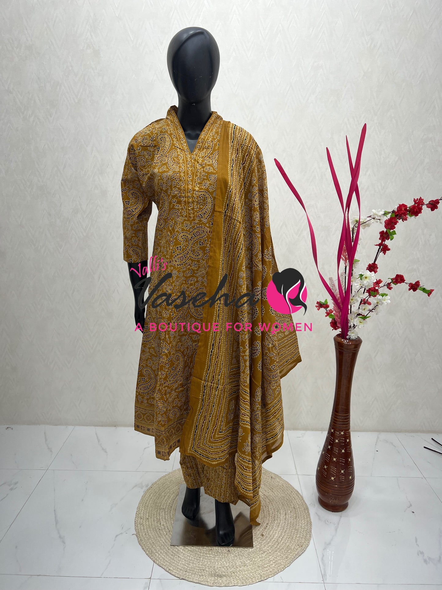 Ready Made | Anarkali - Ajrakh Print |Salwar, Kameez & Duppatta(3pc)|Cotton |Yellow - VVAS009