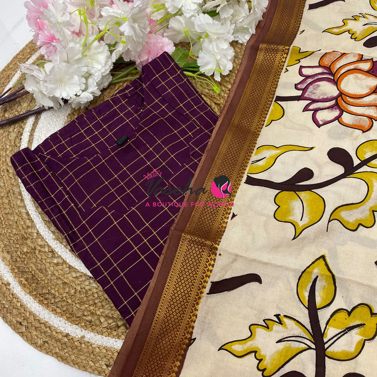 Ready Made - Semi Raw Silk Kurti with Chennur Silk Kalamkari Duppatta - Wine Shade - 2pc Set - VVSRK002