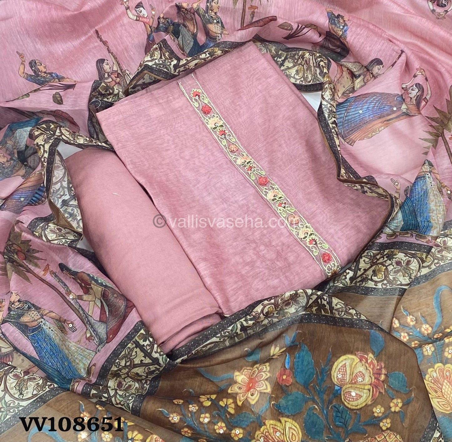 Salwar Material - Embroidered - Chanderi Material - VVUSM001
