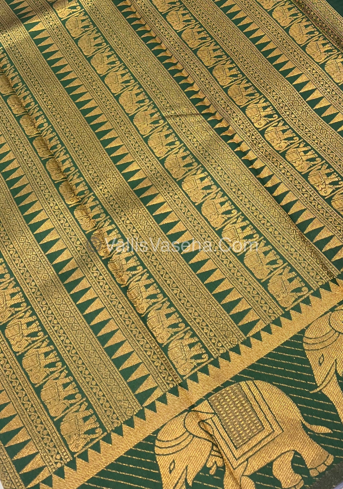 Semi Silk Saree - Kanchi Silk Style - Elephant Border - Ice Blue with Green - VVSSS005