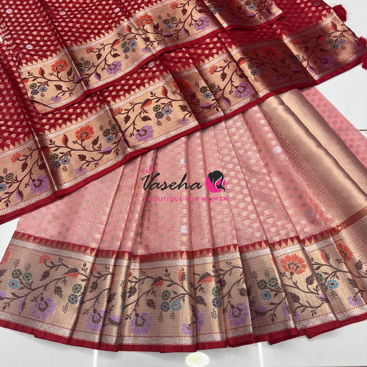 Unstitched - Lehenga Material - Zari Kota Tissue - Peach & Red - VVULM001