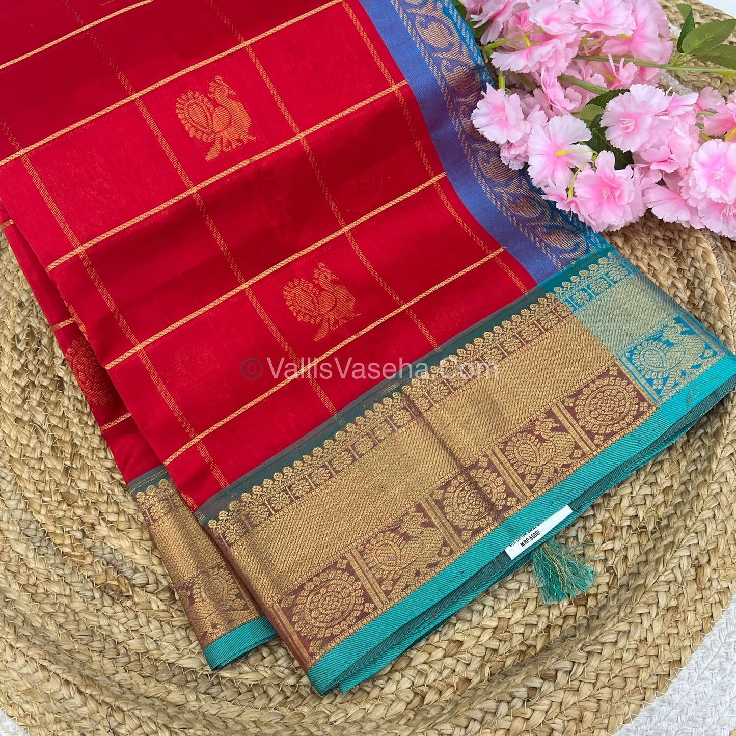 Pure Silk Cotton Saree - Mayil & Chakkaram Design - Red With Blue Shade - VVMC001