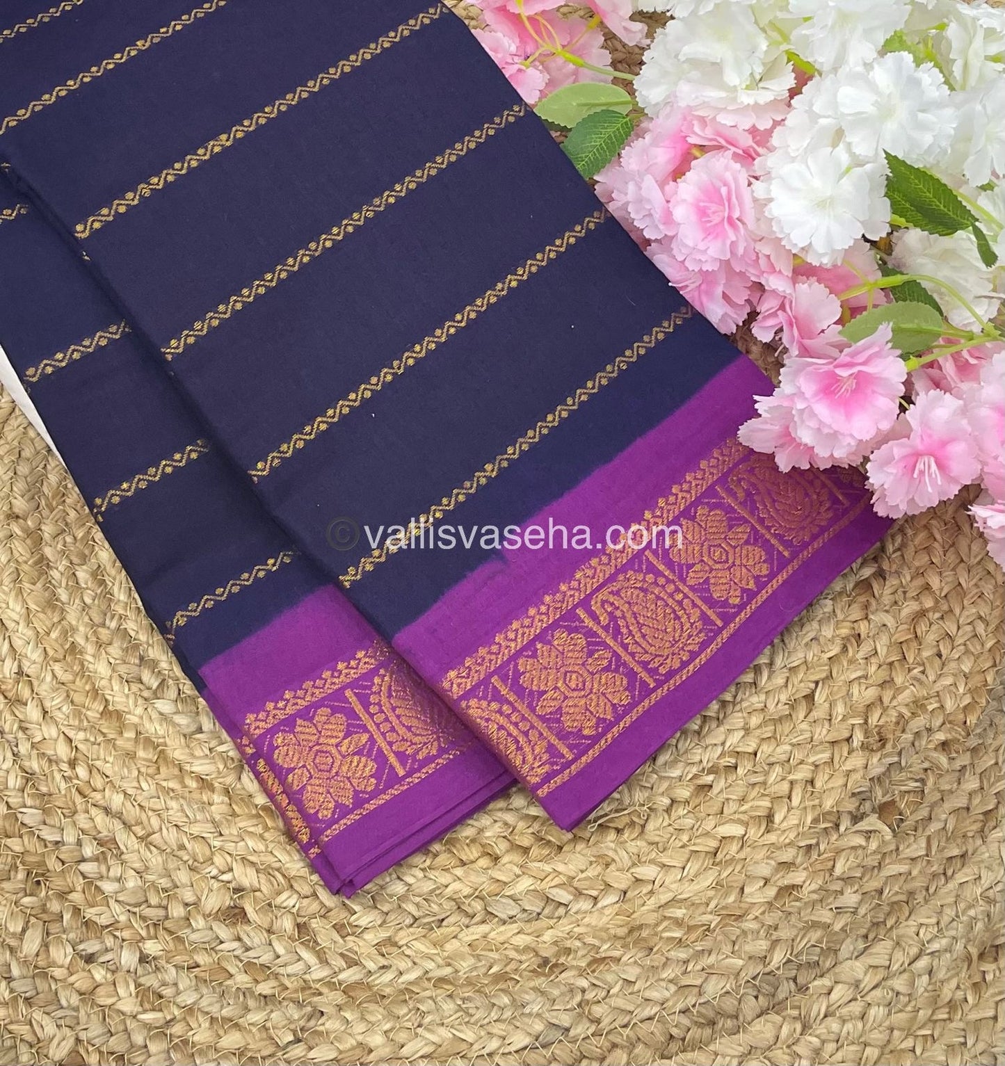 Sungudi Cotton Saree | Velthari Design - Navy Blue with Purple Shade - VVSCV001