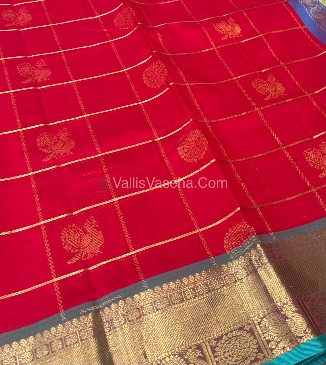 Pure Silk Cotton Saree - Mayil & Chakkaram Design - Red With Blue Shade - VVMC001