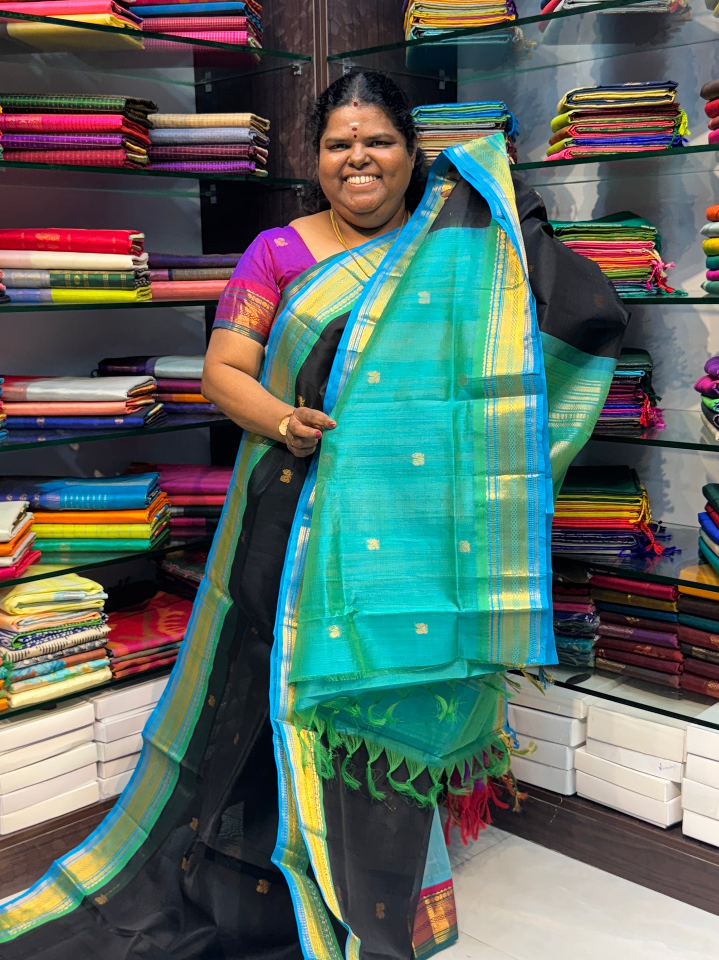 Pure Korvai Silk Cotton Saree - Black with Teal Greenish Blue Combo - VVKSC004