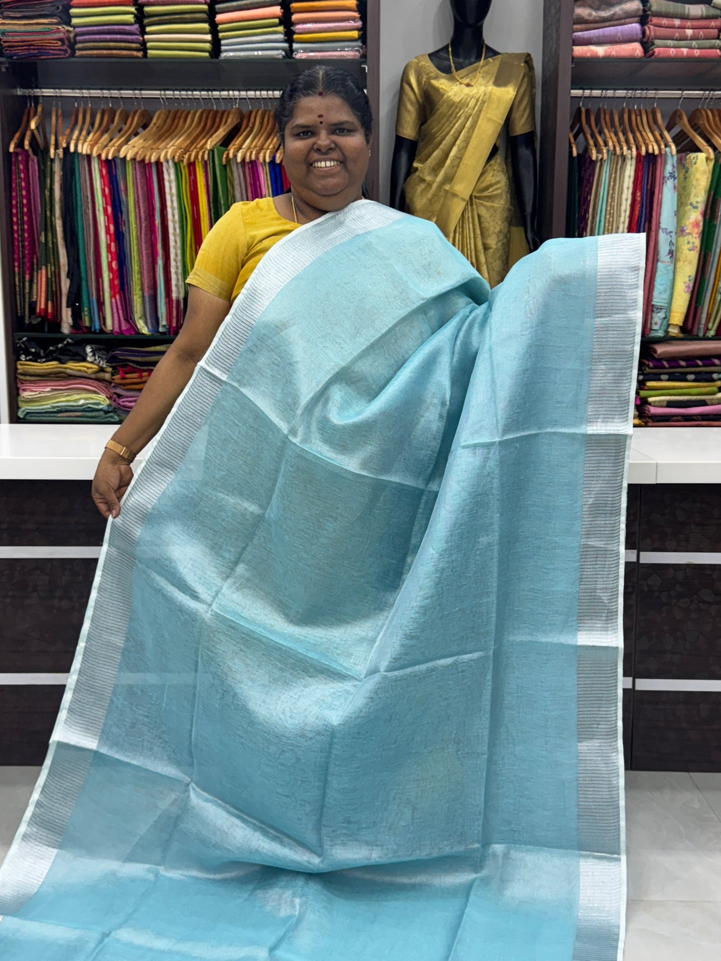 Tissue Linen Saree - Light Blue Shade - VVTLS001