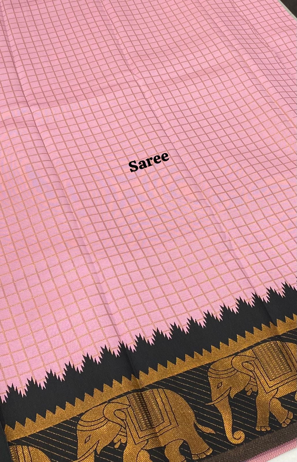 Semi Silk Saree - Kanchi Silk Style - Elephant Border - Light Pink with Black - VVSSS005