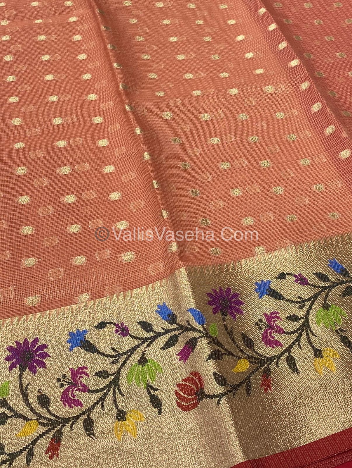 Kota Saree - Paithani Border - Peach with Red - VVKPS001