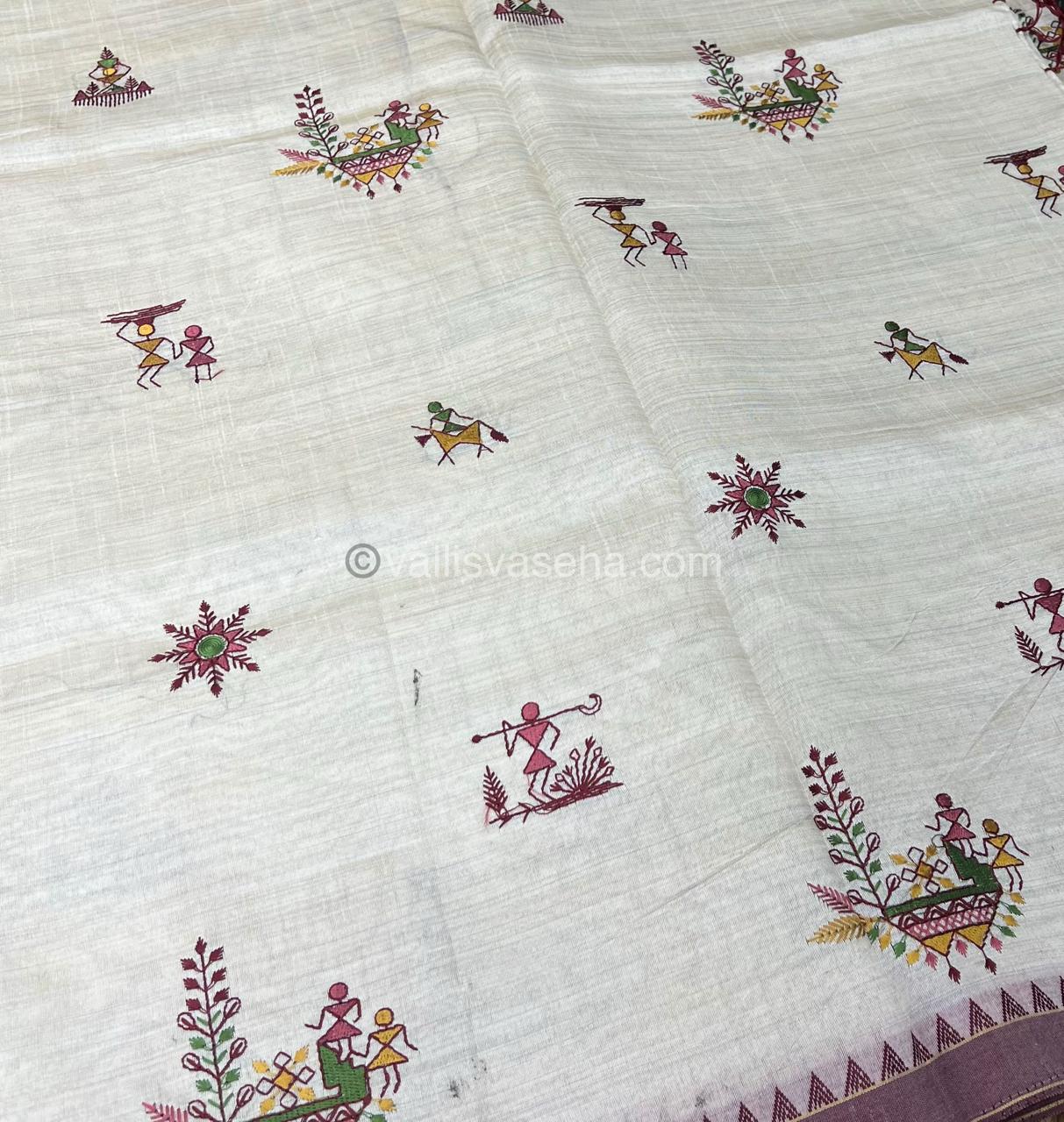 Semi Tussar Embroidery - Cream with Merun Combo - VVSTE001