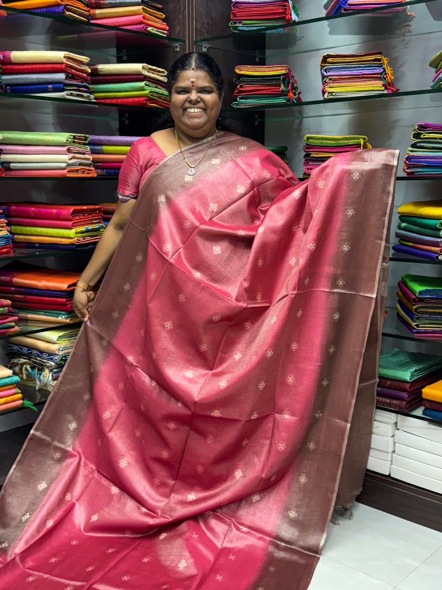 Bhagalpuri Silk - Vaira Voosi Lines - Pink & Chocolate Brown Combo - VVBSV001
