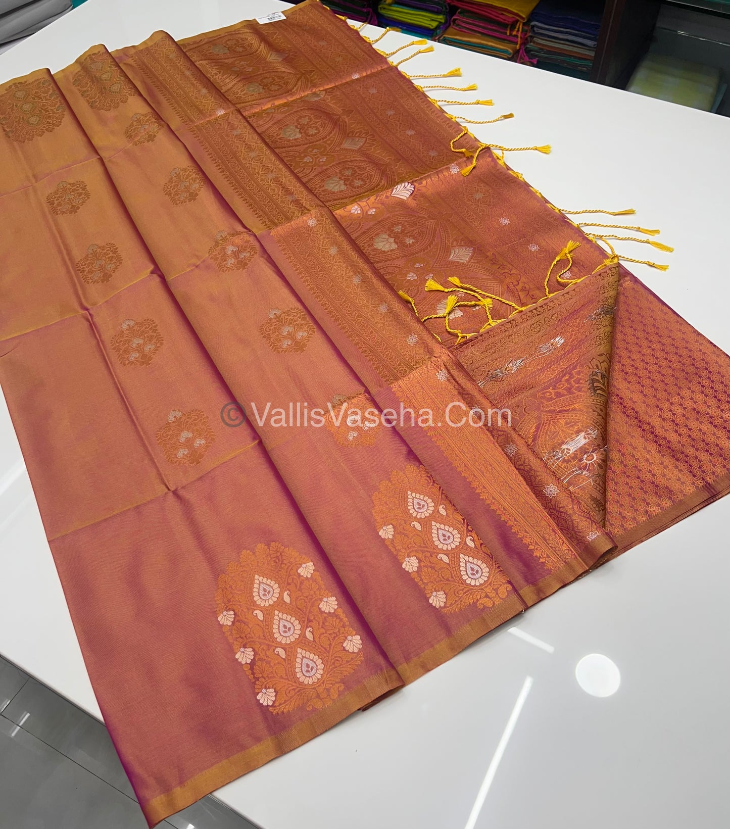 Semi Soft Silk - Border Butta - Double Tone Pinkish Yellow Shade -VVSSS010