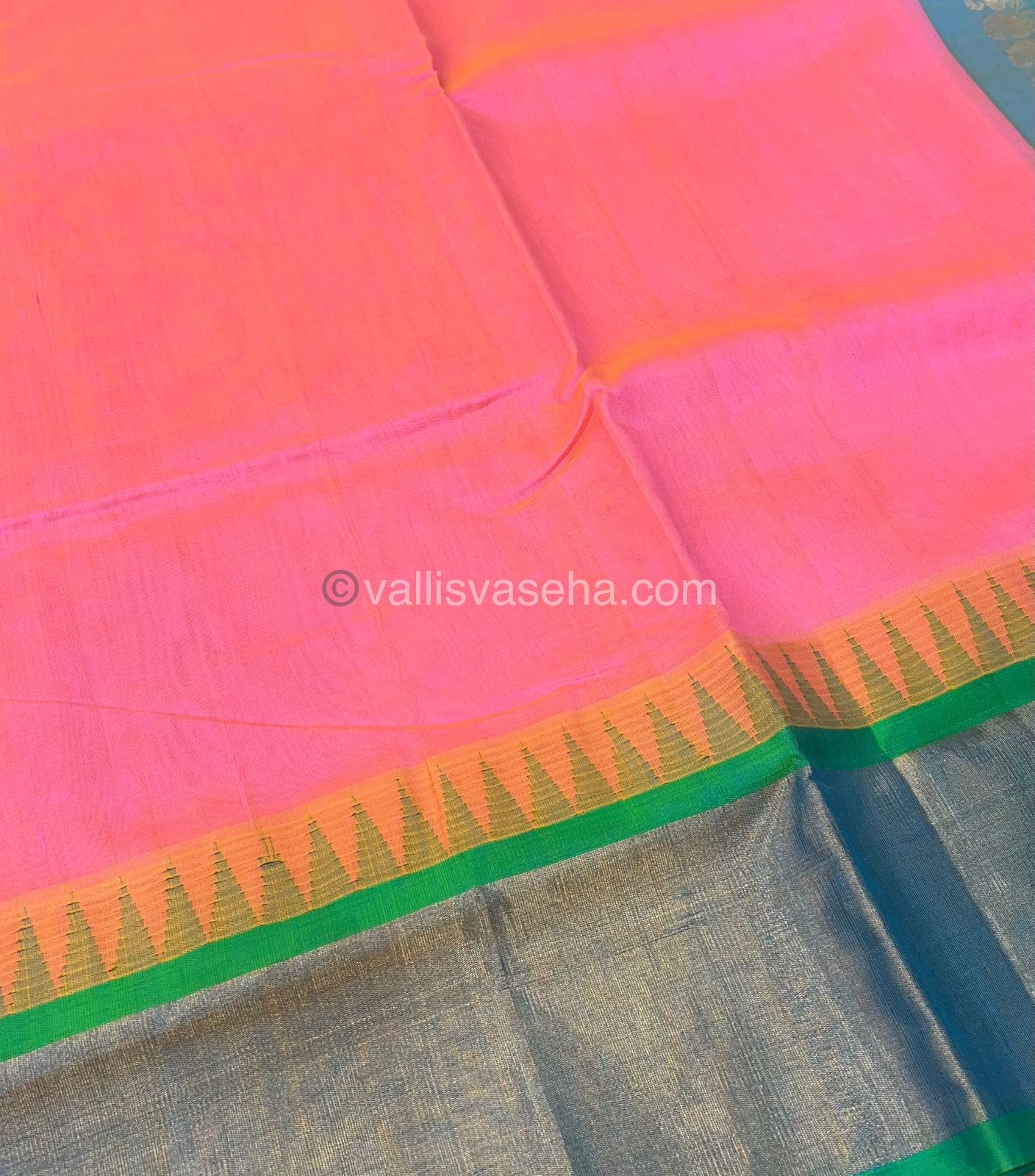 Pure Korvai Silk Cotton Saree - Pink With Blue Shade Temple border - VVKSC001