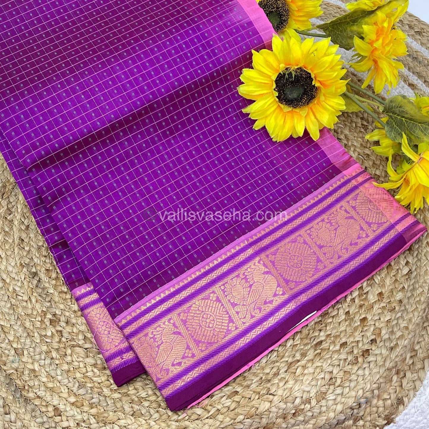 Pure Silk Cotton Saree - Purplish Blue With Pink - Lakshadeepam Design - VVPLD001