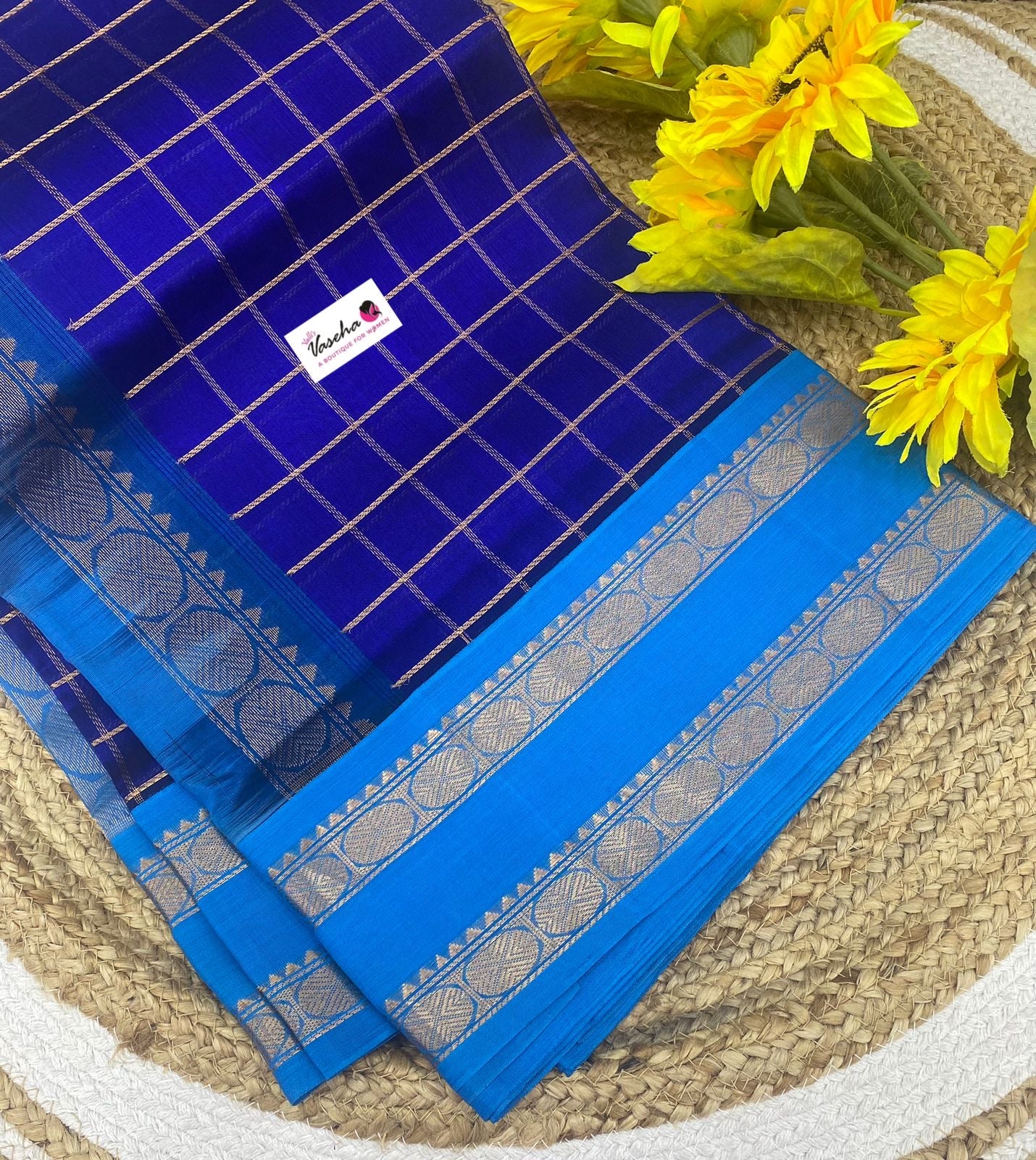 Pure Korvai Silk Cotton With Retta Petta Border - Checks pattern - Blue & Blue - VVKSC013