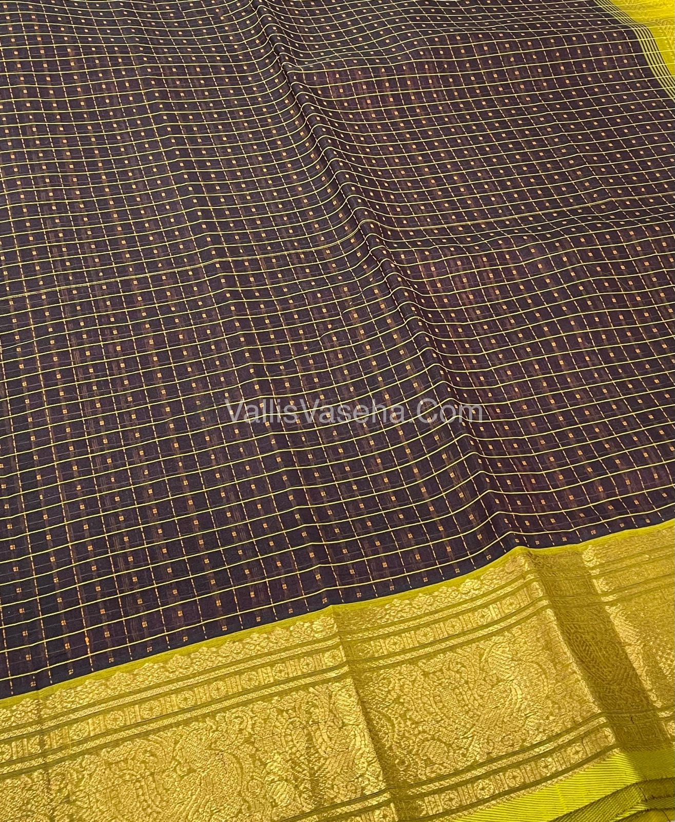 Pure Silk Cotton Saree - Brown with Lemon Yellowish Green - Lakshadeepam Design - VVPLD001