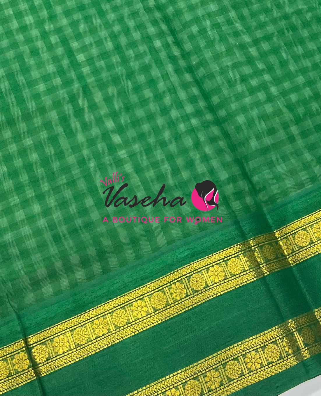 Pure Korvai Silk Cotton - Podi Kattam -White & Green with Green - Retta Petta Border - VVKSC003