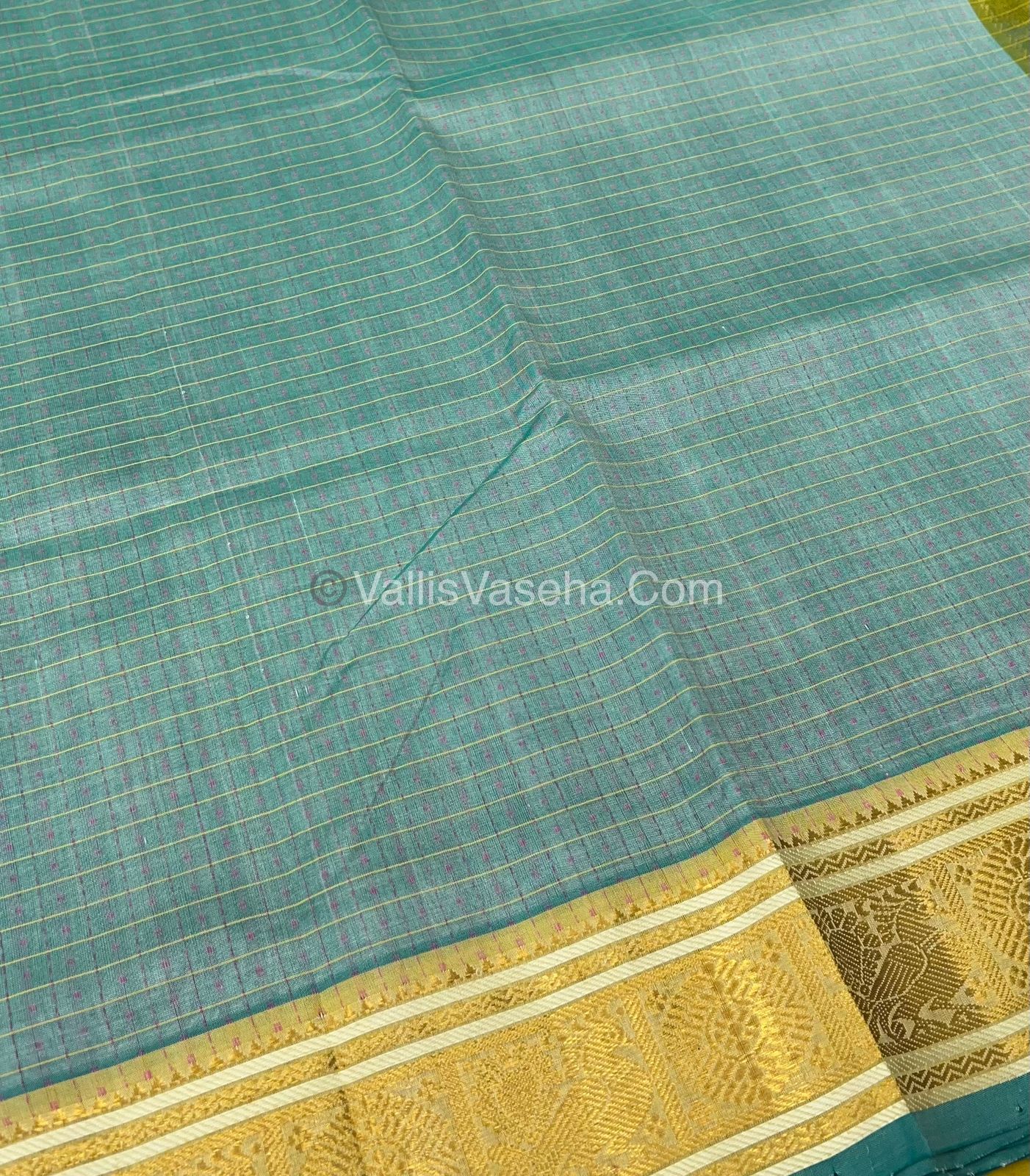 Pure Silk Cotton Saree - See Blue With Lemon Green Shade - Lakshadeepam Design - VVPLD001