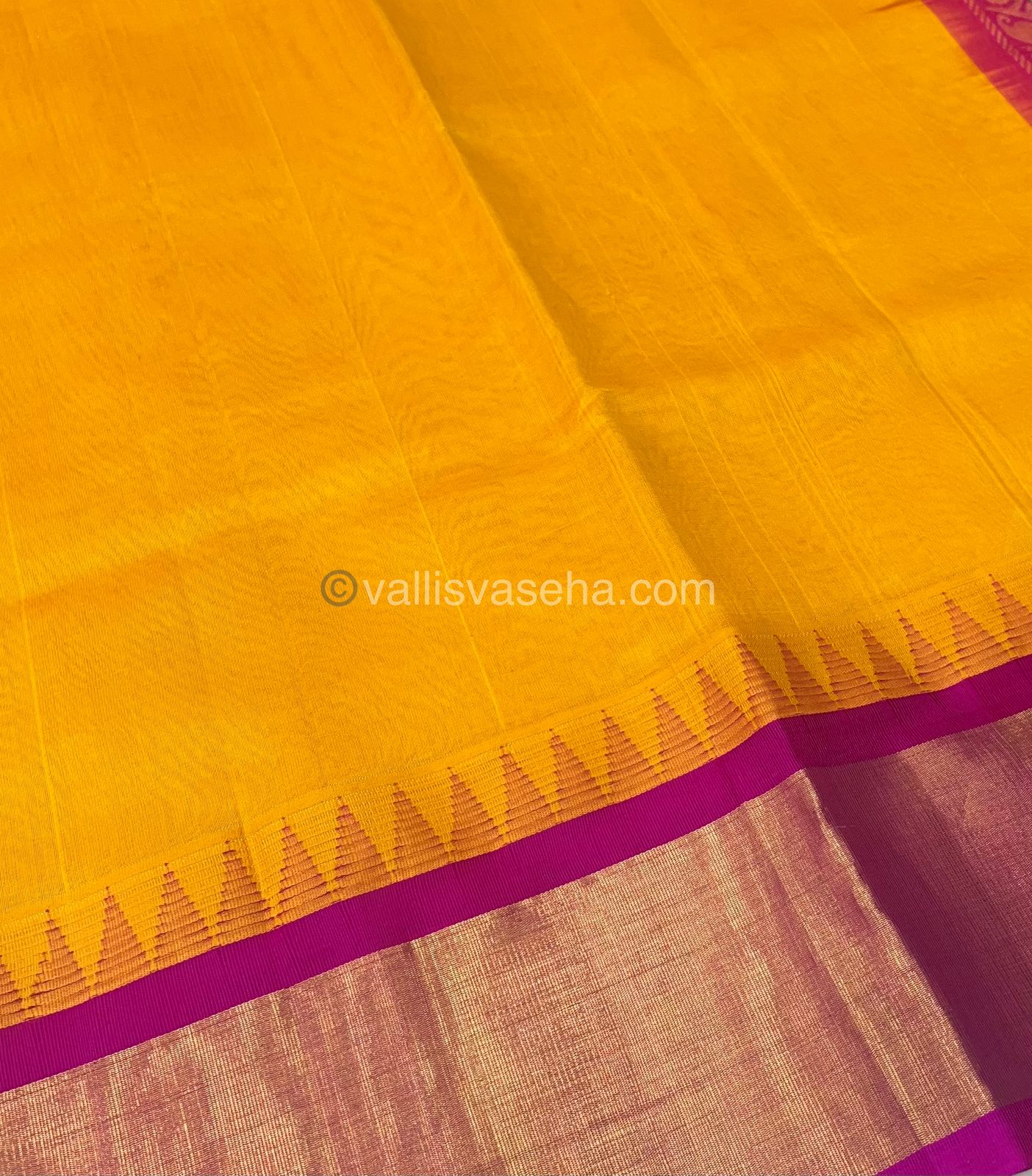 Pure Korvai Silk Cotton Saree - Yellow With Blue Shade Temple border - VVKSC001