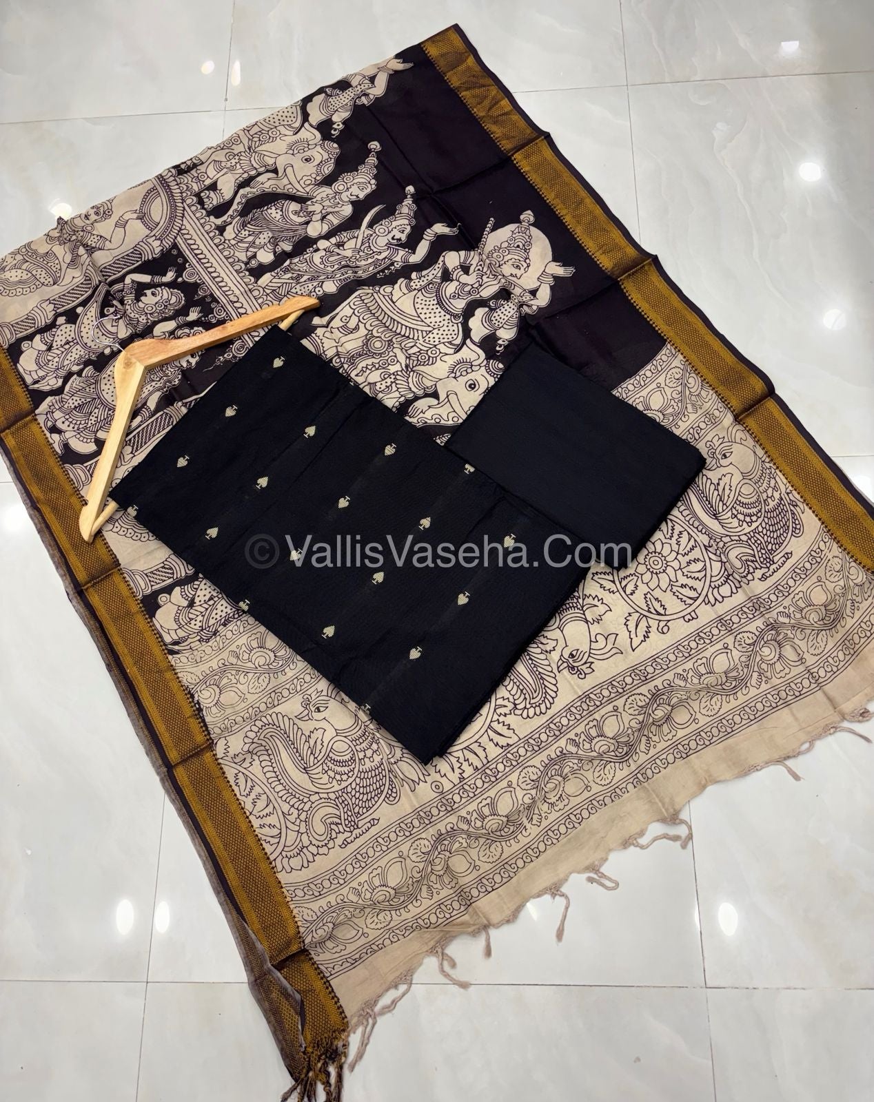 Unstitched Salwar Material -Raw Silk - Black Shade & Nizam Border Duppatta - VVUSM010