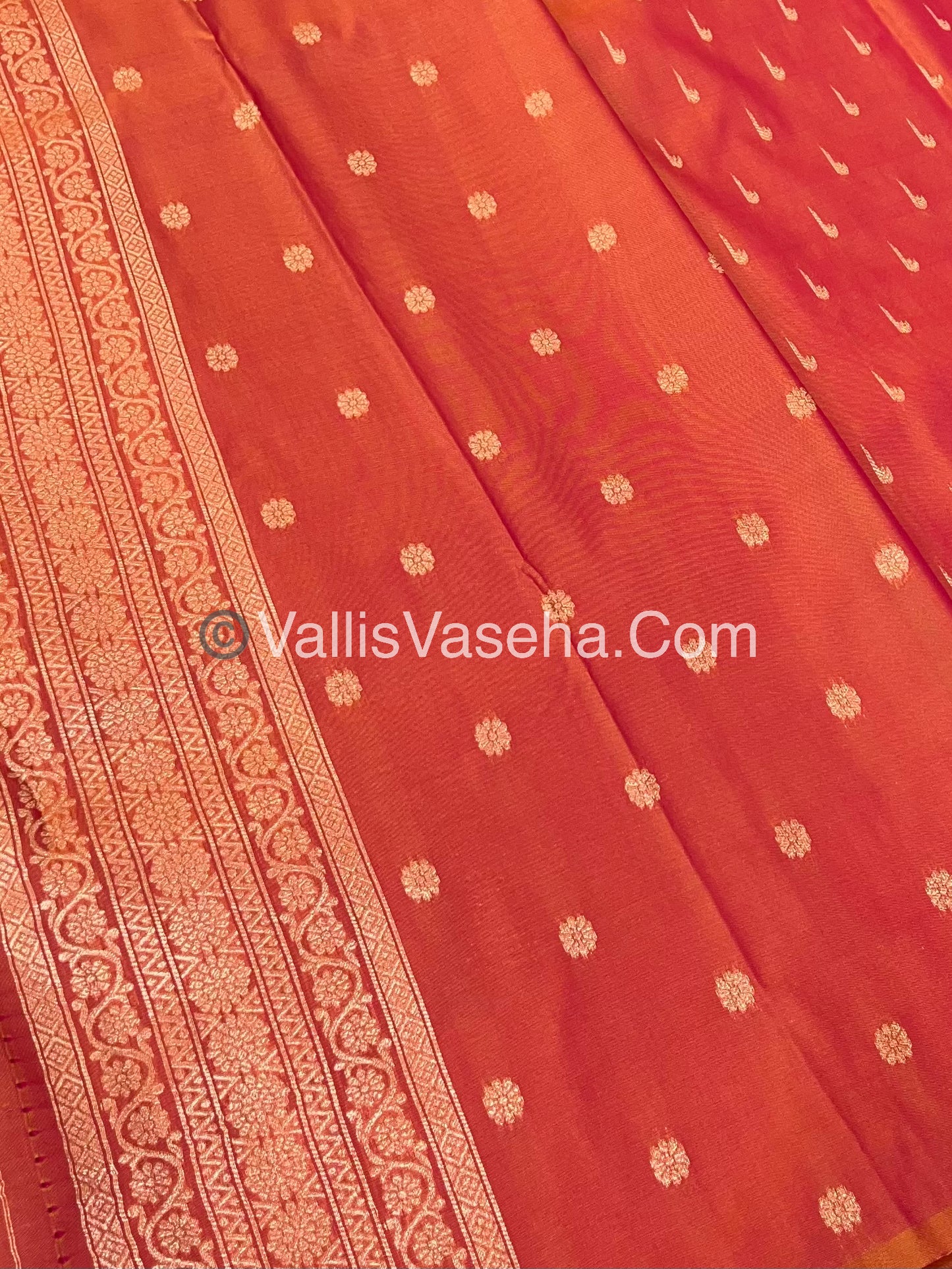 Semi Soft Silk - Flower Butta Border - Peachish Orange Shade -VVSSS016