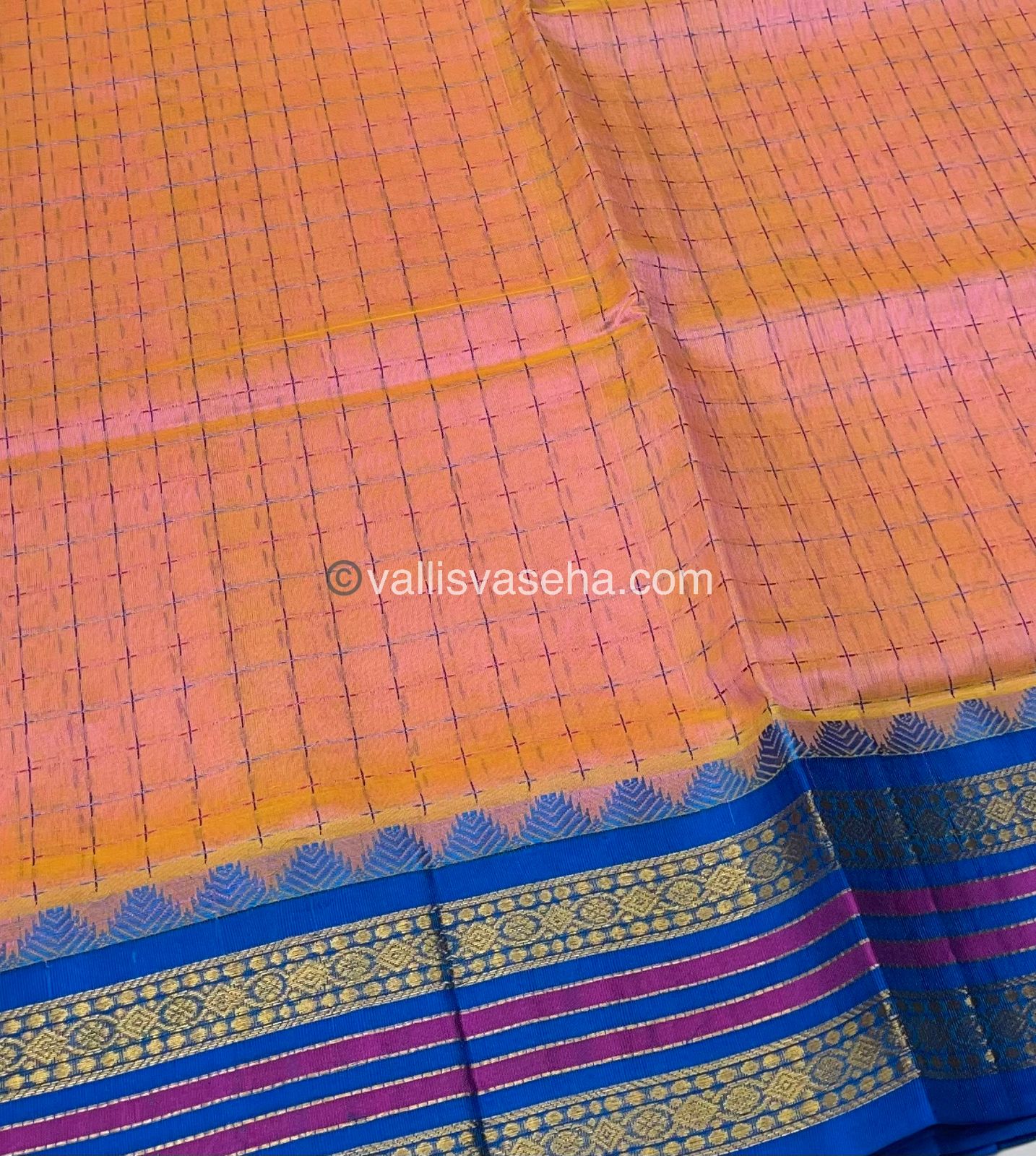 Pure Korvai Silk Cotton - Peach with Blue - VVKSC012