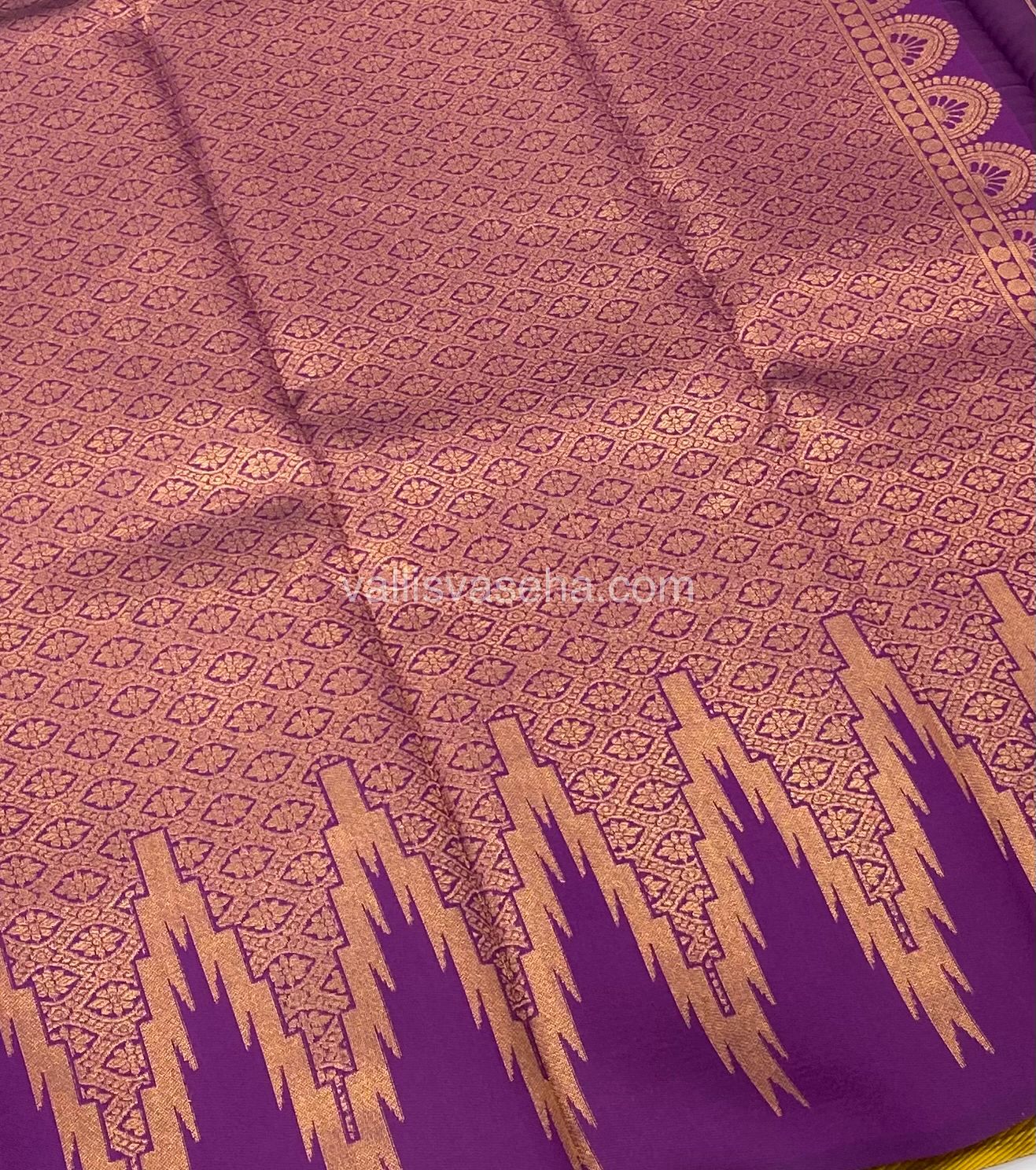 Kanchi Semi Silk - Yellow With Purple - Temple Border - VVKSS001