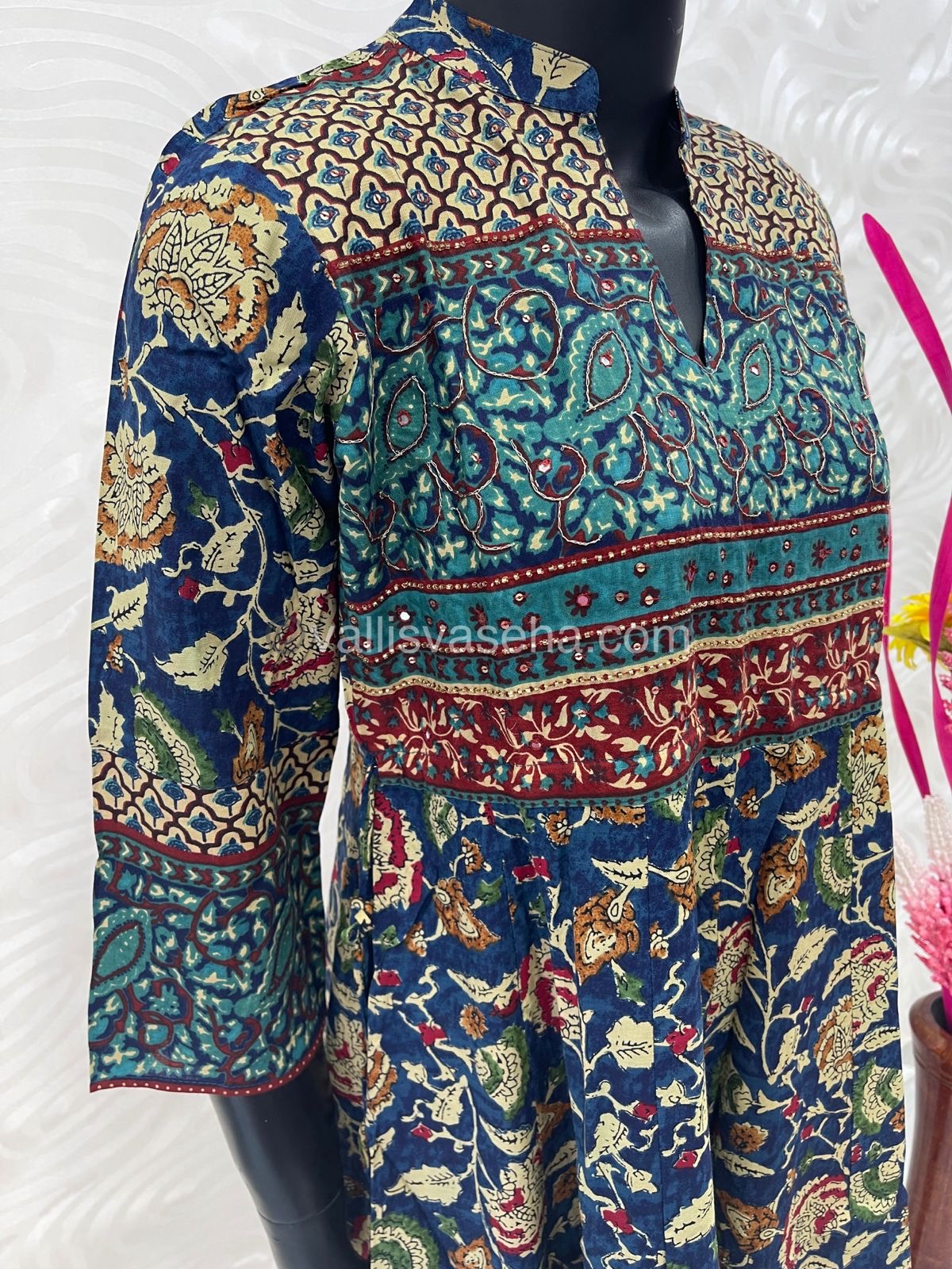 Ready Made - Long Floor Length Kurti - Blue Color - Kalamkari Design - VVKLG001