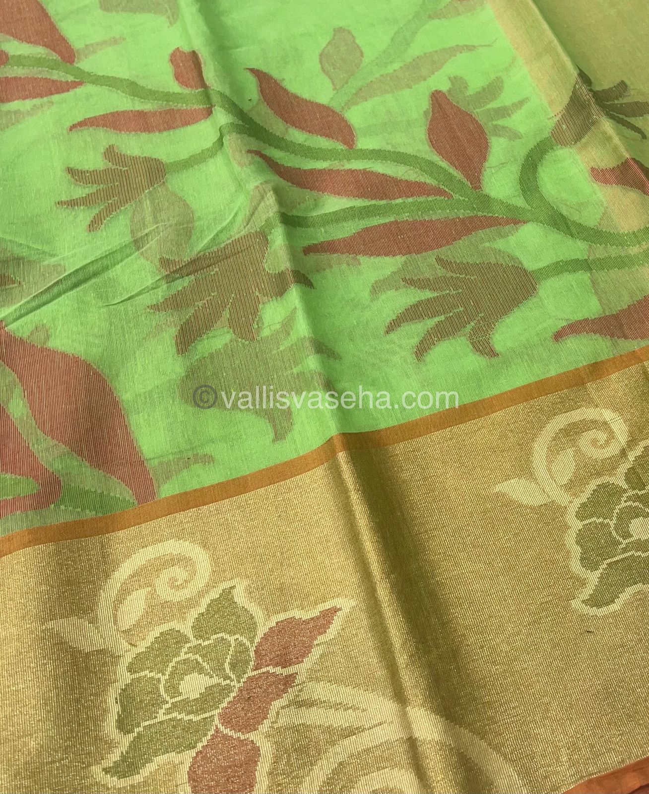 Banarasi Pochampally Weaving Semi Soft Cotton Saree - Fluorescent Green with Orange - VVBPS001