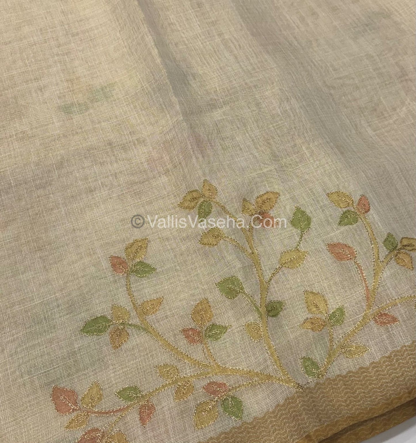 Tissue Linen Saree - Cream With Yellow Shade - VVTLS002