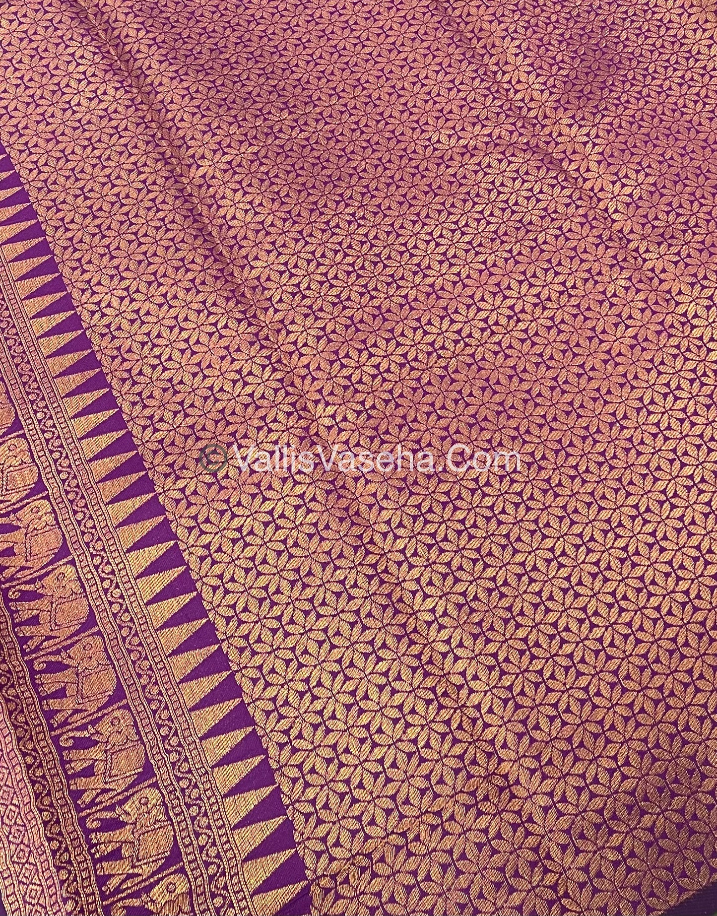 Semi Silk Saree - Kanchi Silk Style - Elephant Border - Green with Purple- VVSSS005
