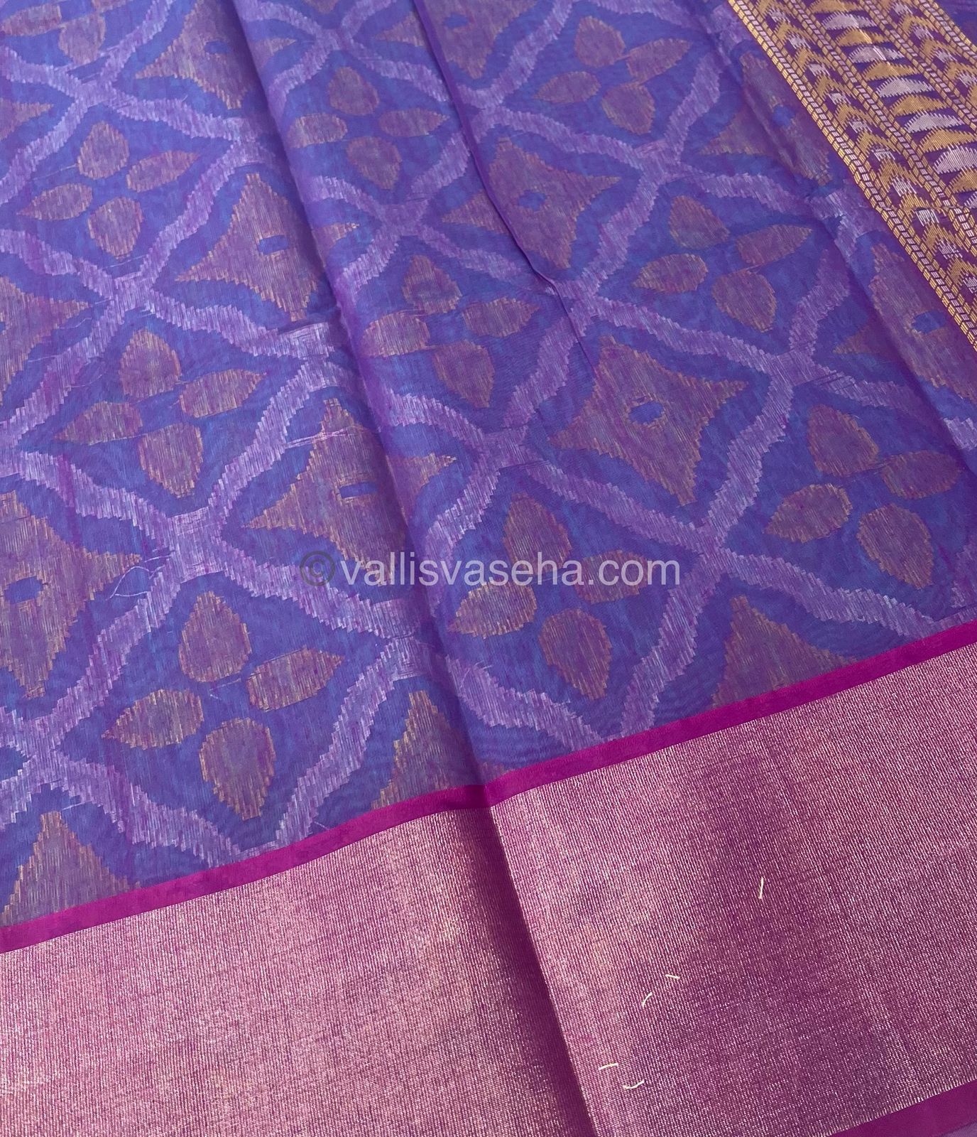 Banarasi Pochampally Weaving Semi Soft Cotton Saree - Light blue with purple - VVBPS001