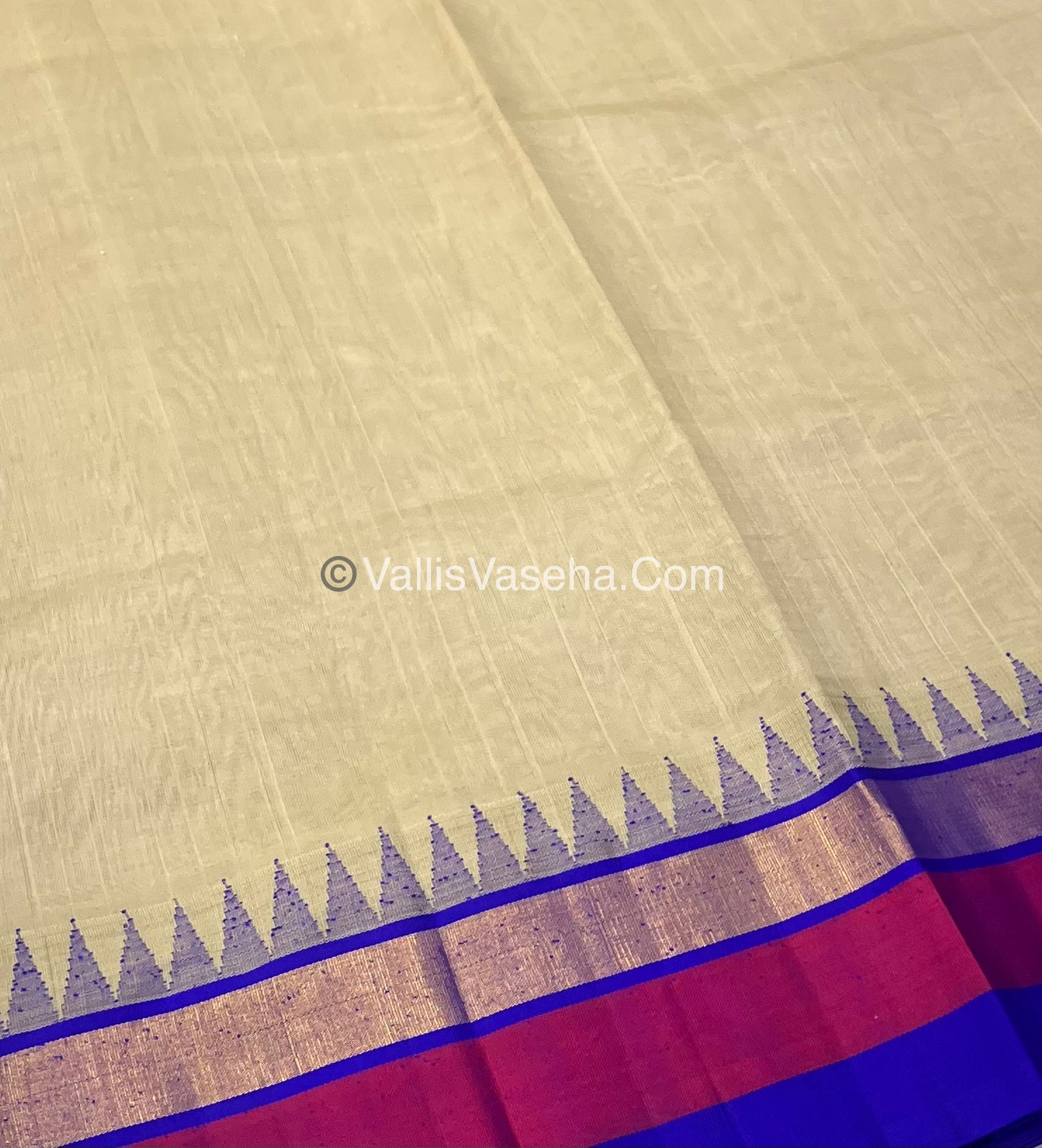 Pure Korvai Silk Cotton Saree - Cream With Blue Shade Temple border - VVKSC001