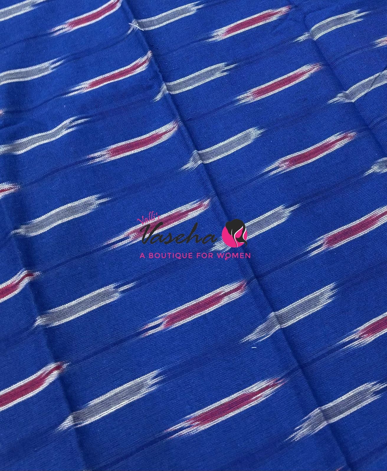 Double Ikkat Pure Cotton Saree - Blue With Red - VVIKS002