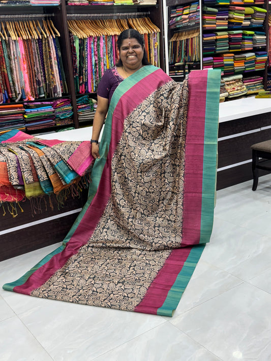 Semi Tussar -Pink & Teal Blue Border - VVSTS005