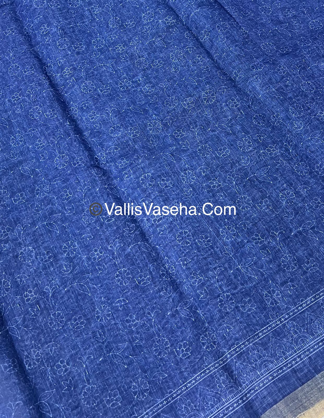Linen Mixed Cotton Saree - Indigo Blue - Printed - VVLMP001
