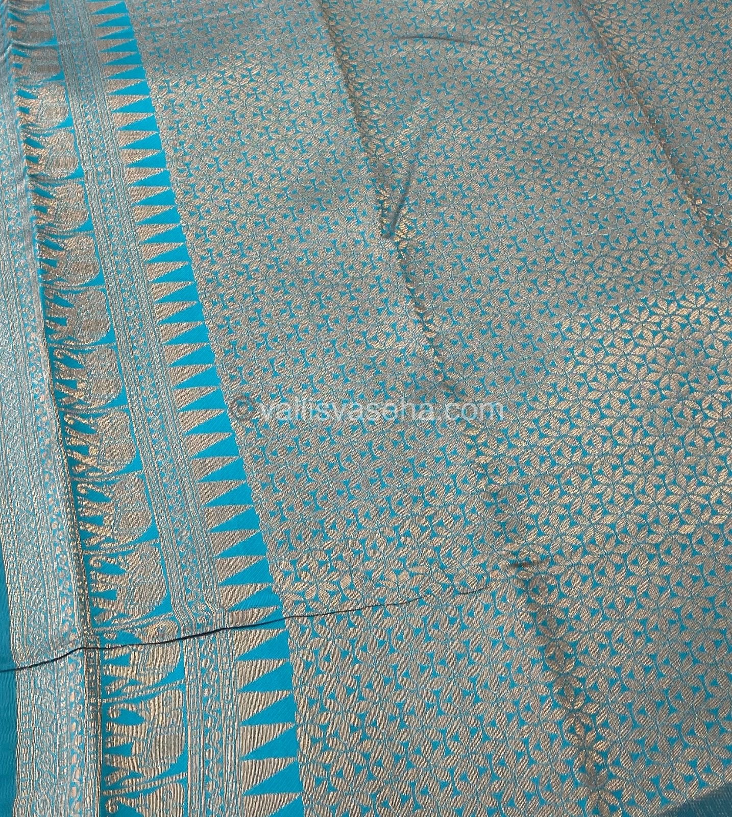 Semi Silk Saree - Kanchi Silk Style - Elephant Border - Yellow with Blue - VVSSS005