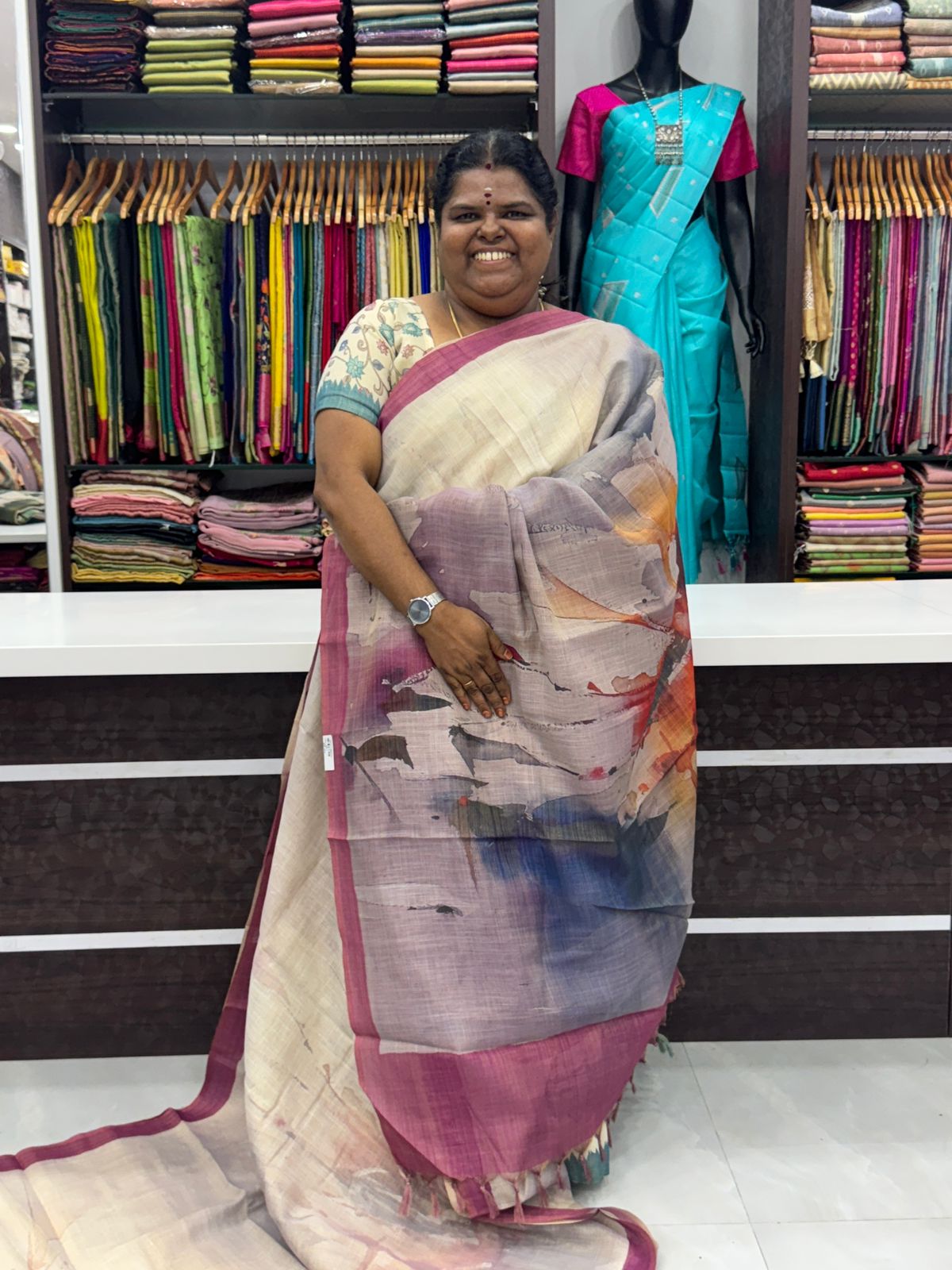 Tissue Linen Saree - Cloud Design - Shade of Pink - VVTLS002