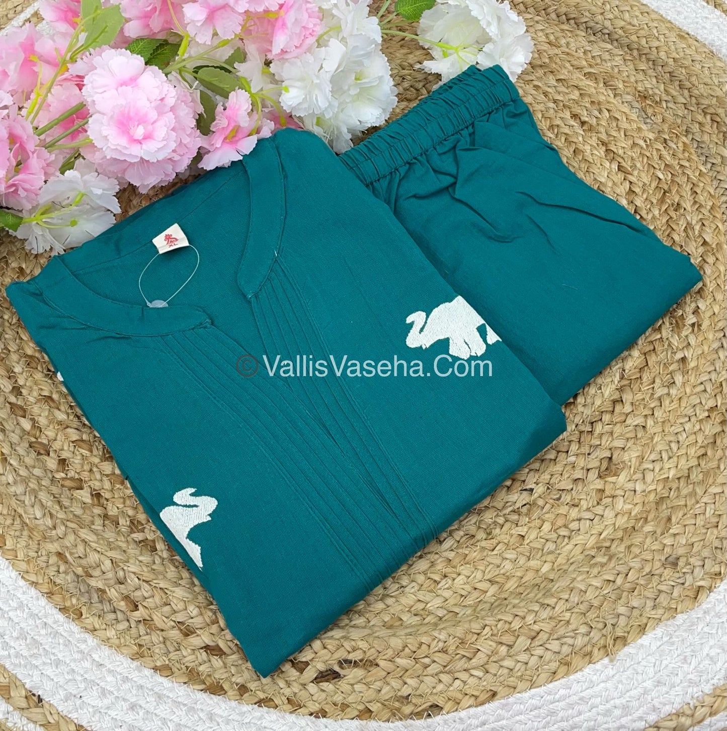 Trendy Pure Cotton - Co-ord Set - A line - Elephant Embroidery- Ramar Green Shade - VVRCS002