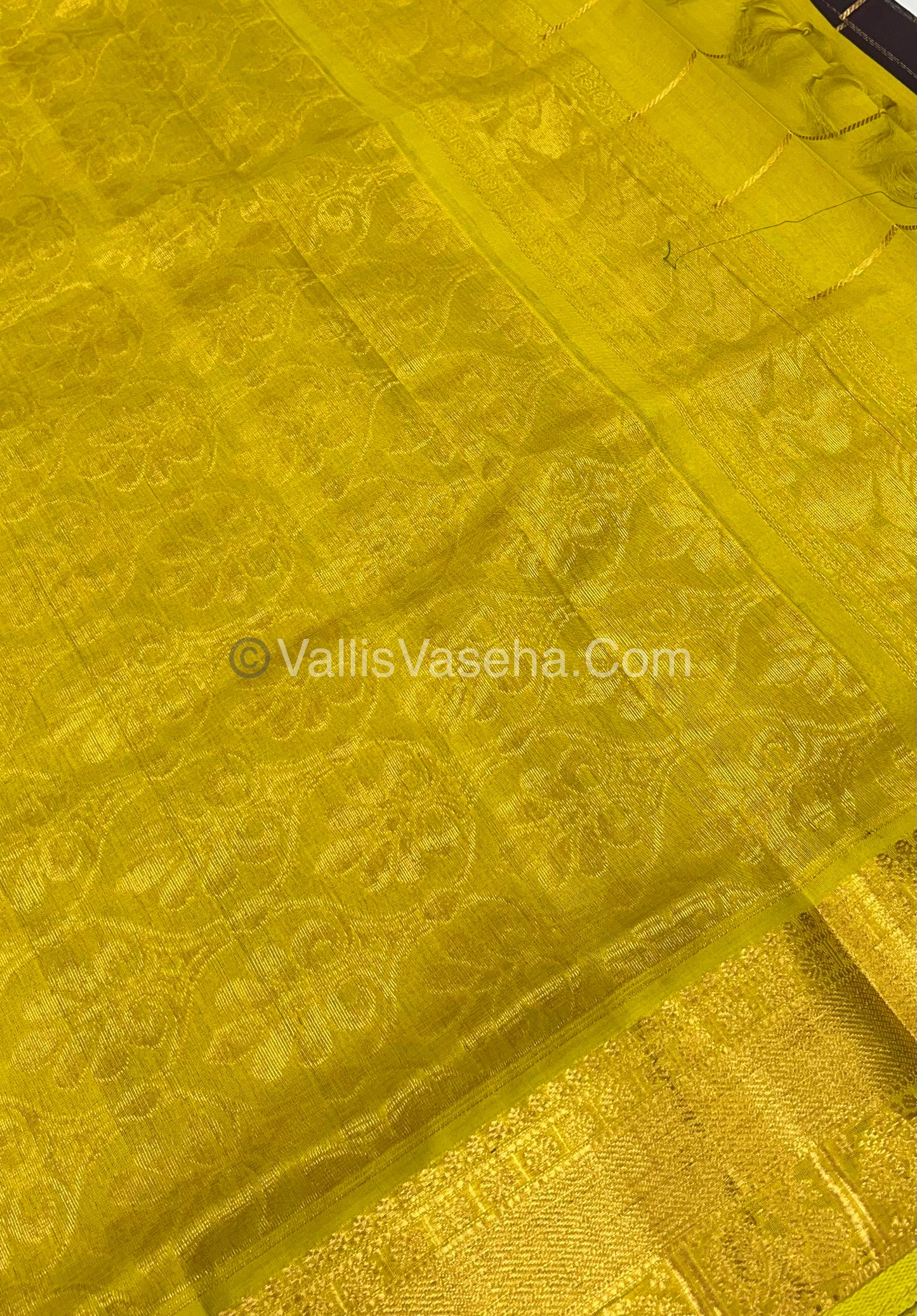 Pure Silk Cotton Saree - Mayil & Chakkaram Design - Brownish Wine With Lemon Yellowish Green Shade - VVMC001